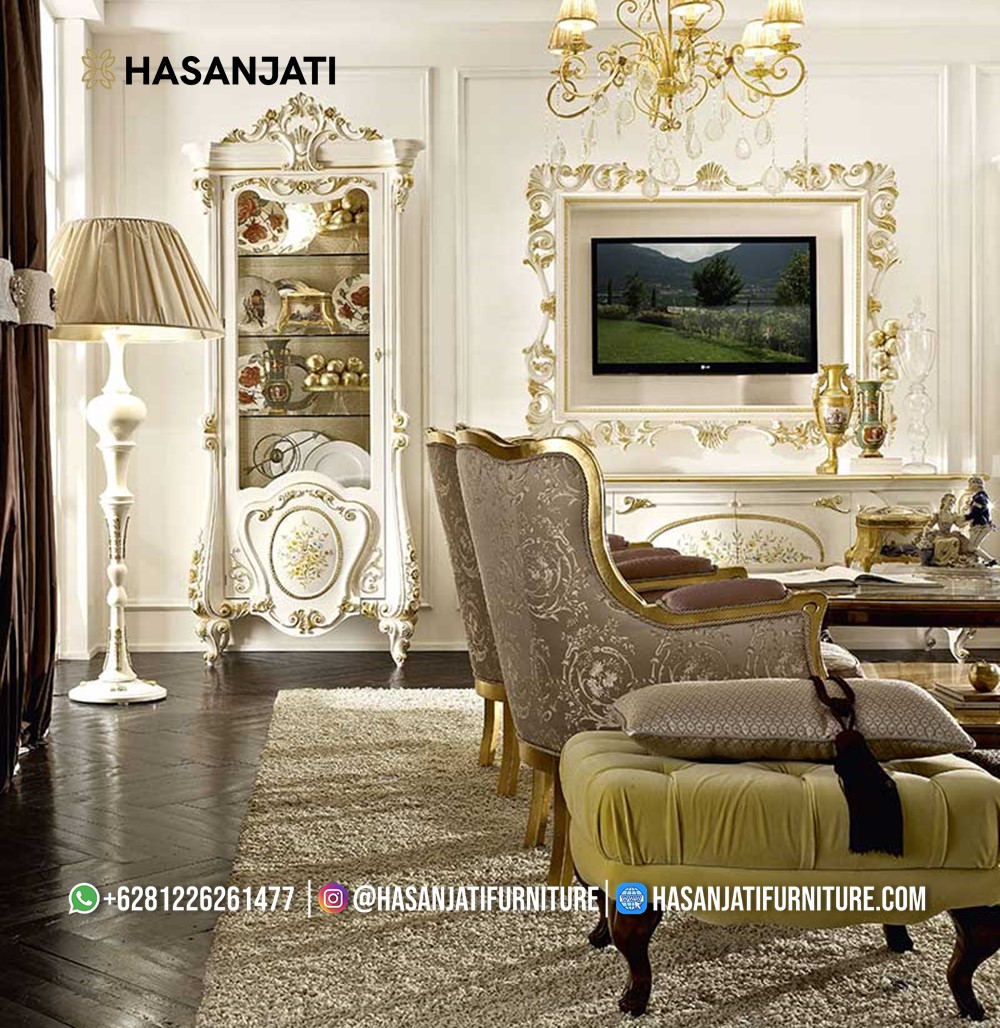 Lemari Pajangan Kaca Klasik Putih Gold Ukiran, Pelengkap Set Bufet TV Klasik