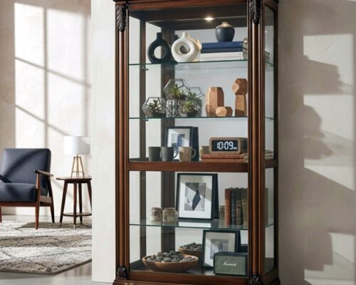 Lemari pajangan kaca klasik mewah ukiran jati 1 pintu sliding, warna dark cherry, 100% kayu solid.