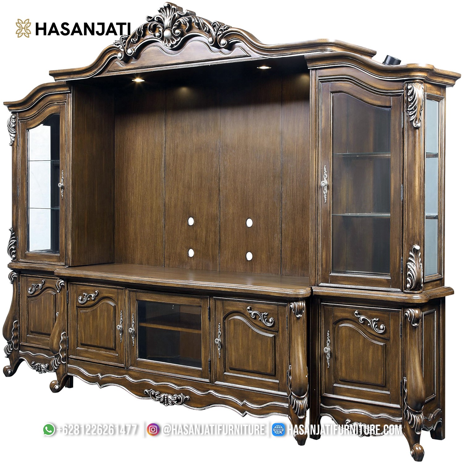 Lemari TV Klasik Set Jati Mewah Dark Walnut dengan ukiran Silver dan desain elegan