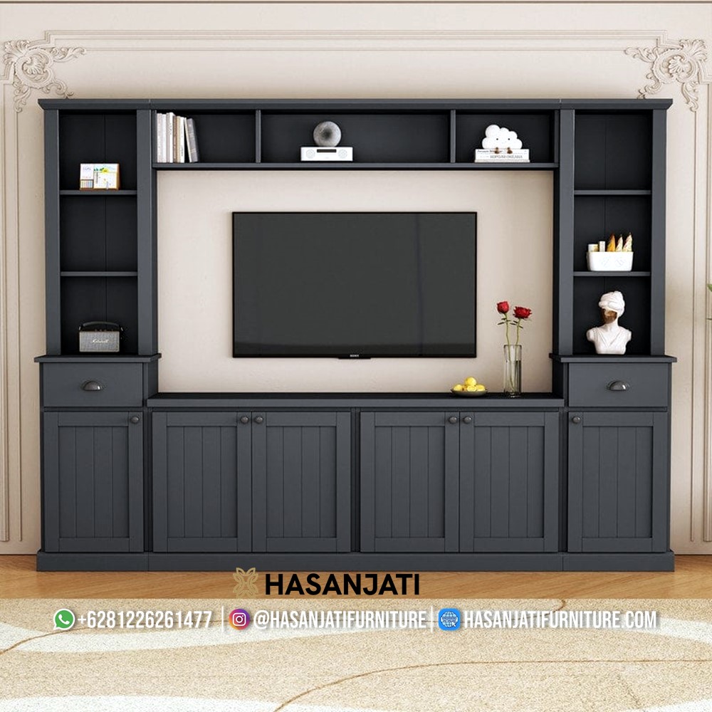 Lemari TV Minimalis warna hitam Duco Jepara. Desain elegan minimalis, cocok untuk ruang tamu mewah