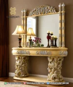 Meja foyer dinding masuk rumah mewah model Scappini klasik warna champagne silver tampak depan produk jepara dari Hasan Jati Furniture
