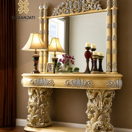 Meja foyer dinding masuk rumah mewah model Scappini klasik warna champagne silver tampak depan produk jepara dari Hasan Jati Furniture