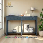 Tampilan penuh tampak depan meja foyer minimalis seri Branson dua laci warna navy
