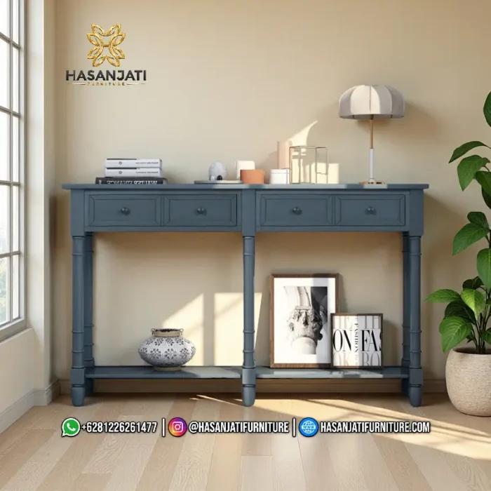 Tampilan penuh tampak depan meja foyer minimalis seri Branson dua laci warna navy