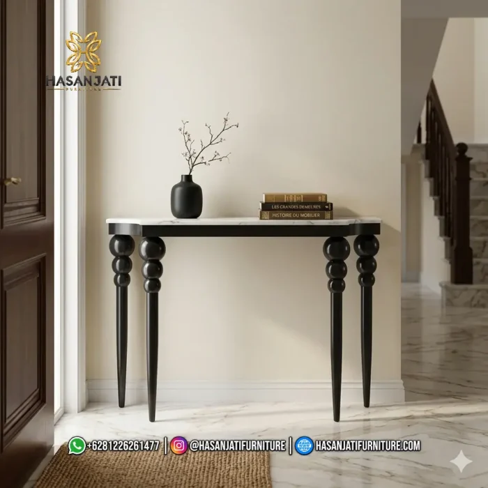 Tampilan penuh tampak depan meja foyer minimalis modern seri Camille dengan hiasan vas bunga minimalis hitam di atas meja