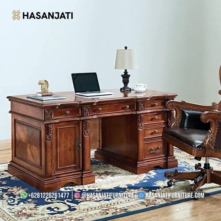 Meja Kerja Direktur Mewah Jati Augustus Banyak Laci Penyimpanan