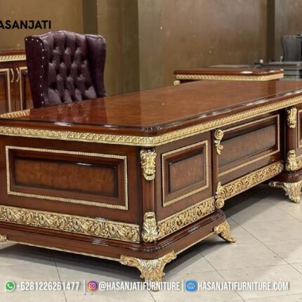 Set Meja Kantor Direktur Mewah Klasik Eropa Warna Cokelat Walnut