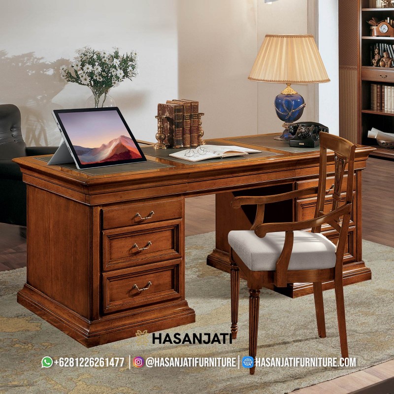 Tampak belakang meja kantor jati minimalis kayu jati solid dengan finishing melamin natural brown, buatan Jepara dari Hasan Jati Furniture.
