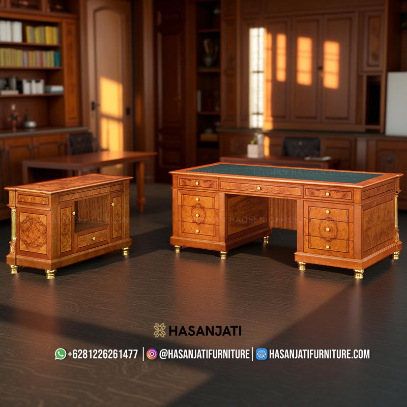 Meja kantor jati terbaru warna natural dengan kombinasi emas nampak dari belakang