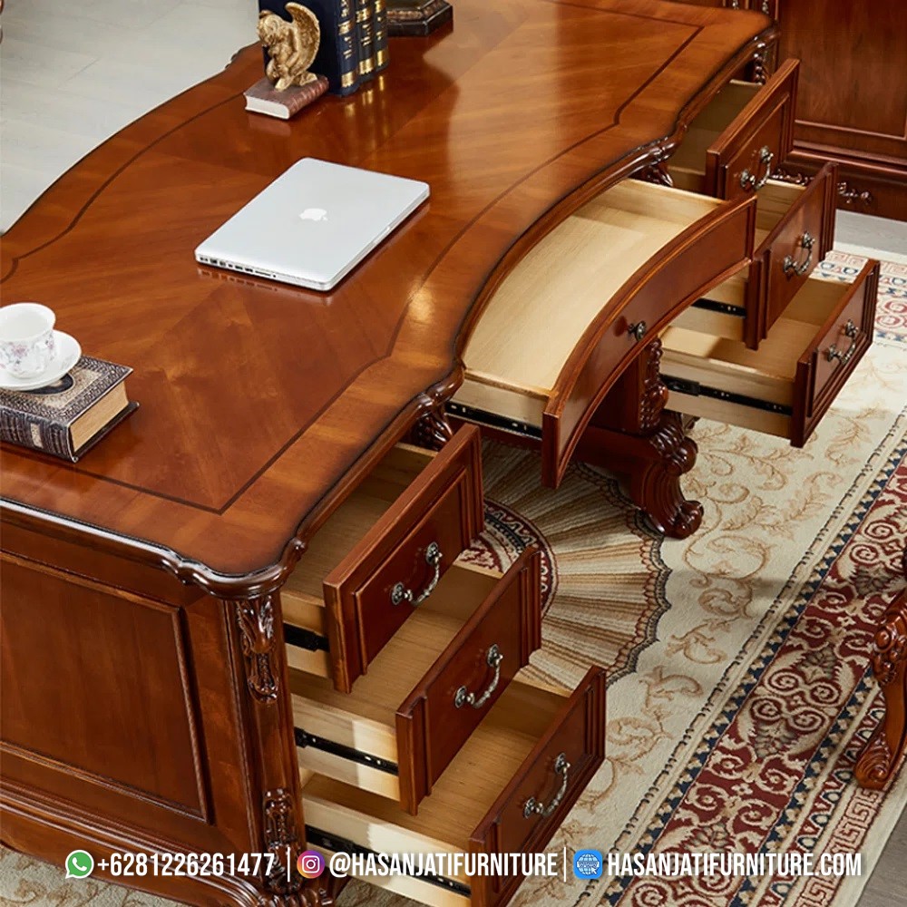 Meja kantor jati ukiran Jepara nampak detail belakang