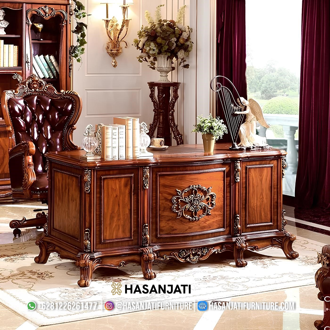 Meja kantor jati ukir Jepara warna natural kombinasi emas