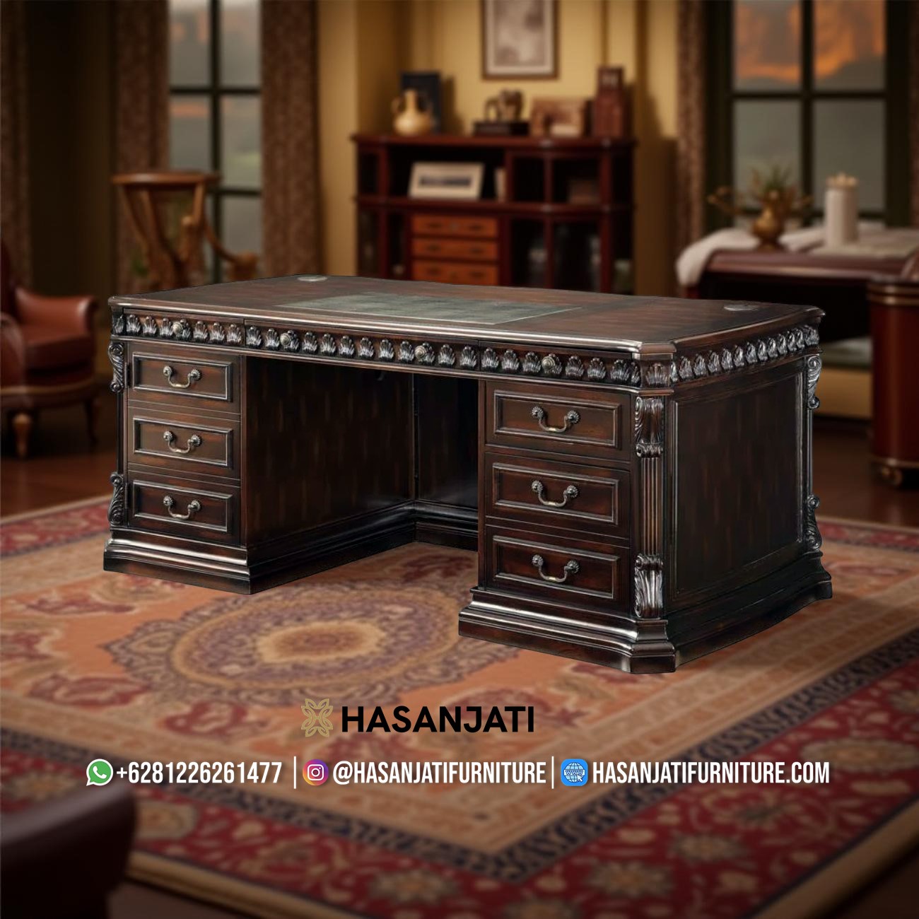 Detail meja kantor kayu jati nampak belakang, dilengkapi 7 laci