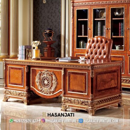 Set Meja Kantor Direktur Jati Mewah Klasik Eropa Kursi Hidrolik
