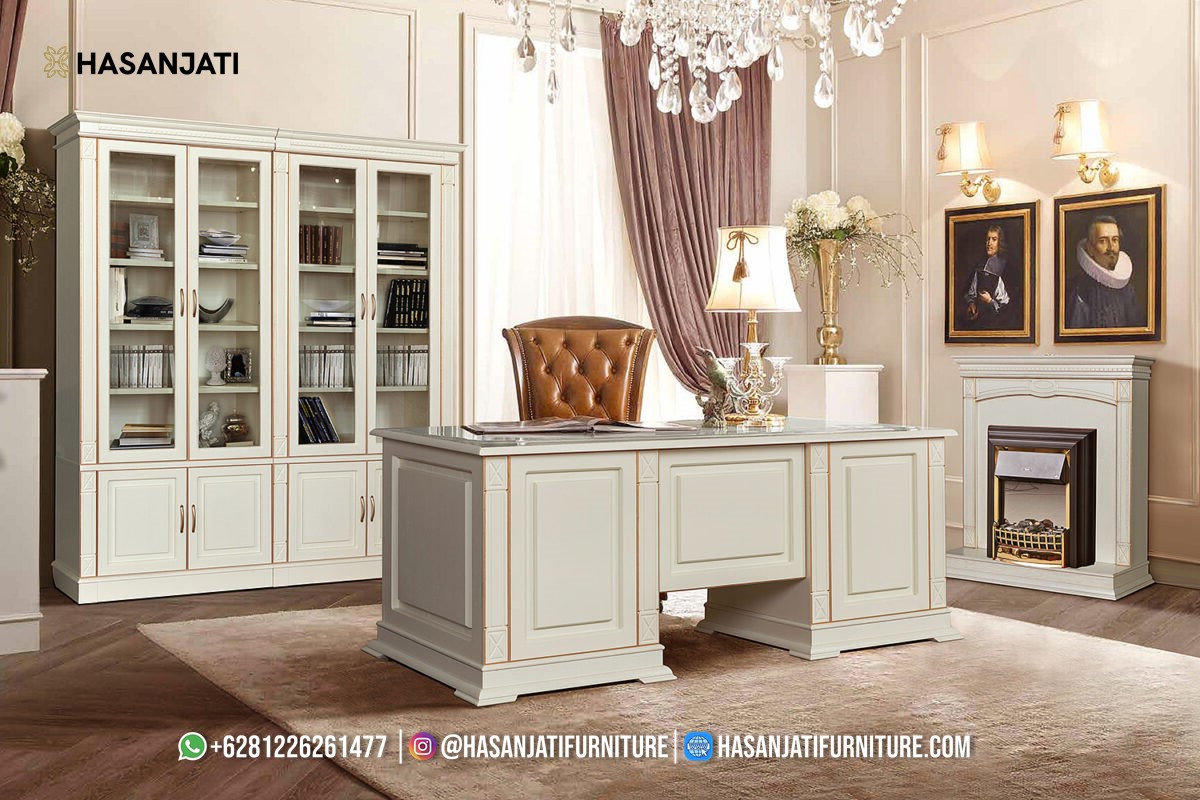 Meja kantor minimalis modern direktur dengan desain elegan warna putih dan kursi kulit coklat di ruang kerja mewah