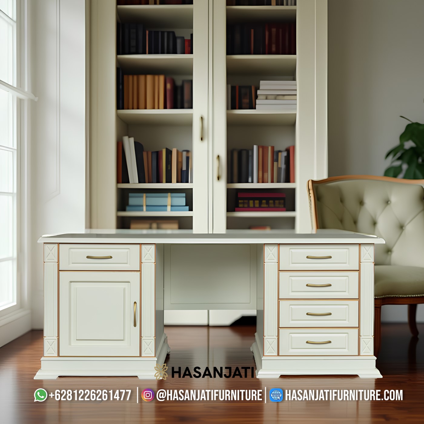 Tampak belakang meja kantor minimalis modern direktur warna putih dengan desain elegan dan kabinet penyimpanan kayu solid