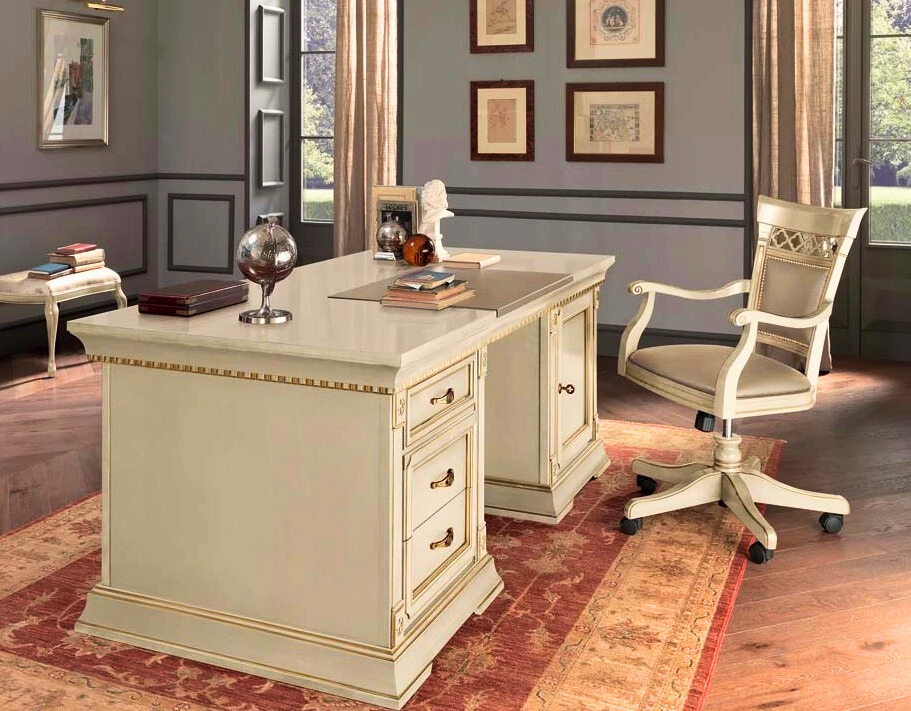 Meja kantor minimalis modern warna putih dengan desain elegan untuk ruang kerja direktur