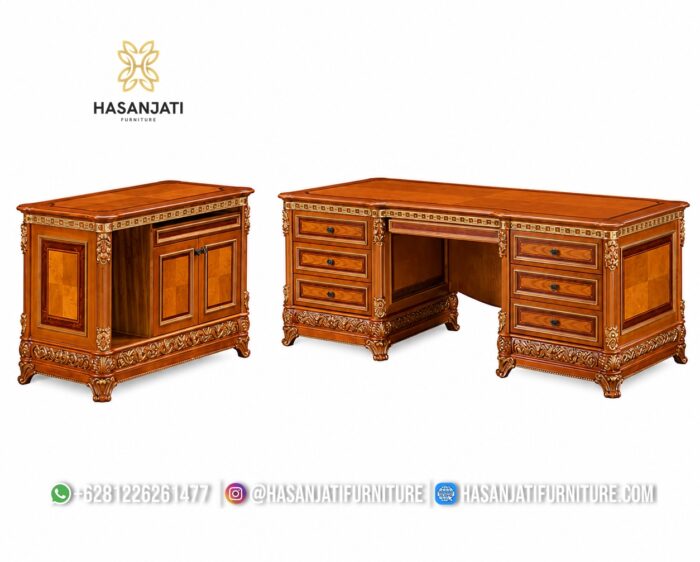 Meja Kerja Direktur Mewah Klasik Banyak Laci File Kabinet