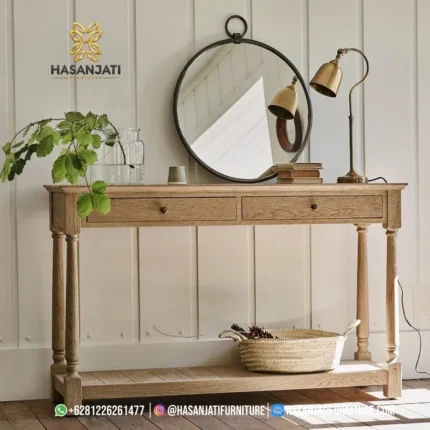 Meja konsol minimalis seri Austin dari kayu jati natural dua laci dengan kaki bubut klasik