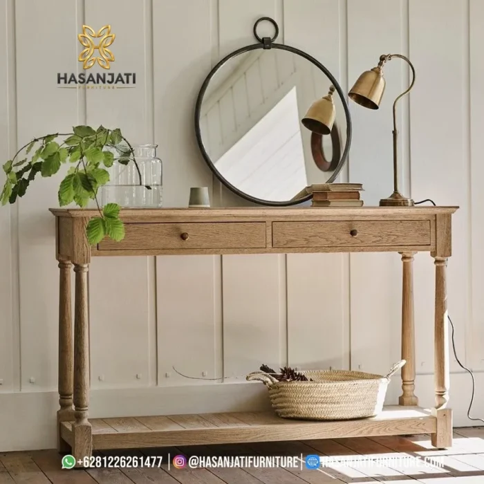 Meja Konsol Austin Jati Dua Laci Meja konsol minimalis seri Austin dari kayu jati natural dua laci dengan kaki bubut klasik