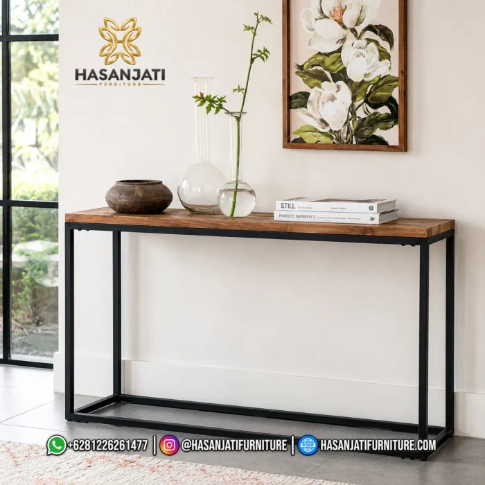 Meja Konsol Industrial Modern Kayu Jati Rangka Besi - Gambar 2
