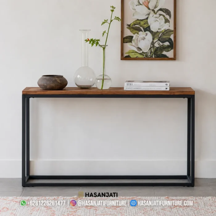 Meja konsol minimalis bergaya industrial dengan top kayu jati alami dan kaki besi hitam