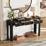 Meja konsol jati warna hitam seri Solstice 3 laci terbuka dihiasi vas bunga putih berlatar cermin bulat besar.