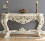 Meja konsol mewah seri Evelina warna ivory tampak depan penuh memperlihatkan ukiran apron tembus pierced carving yang masif.