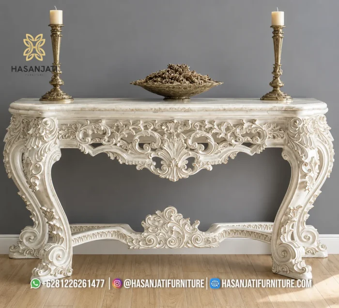 Meja konsol mewah seri Evelina warna ivory tampak depan penuh memperlihatkan ukiran apron tembus pierced carving yang masif.