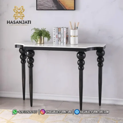 Meja konsol minimalis modern seri Camille dengan top marmer putih dan rangka kaki kayu hitam