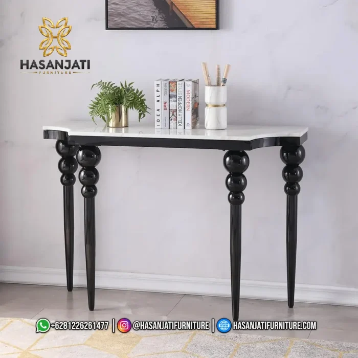 Meja konsol minimalis modern seri Camille dengan top marmer putih dan rangka kaki kayu hitam