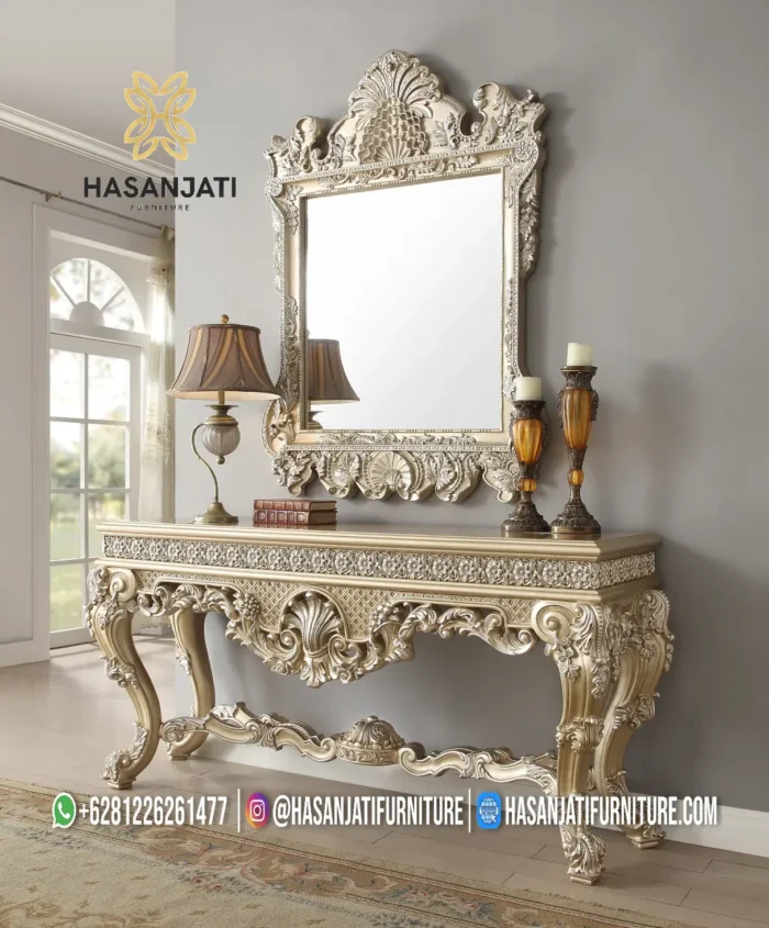 Set Meja Konsol Mewah Prosecco Champagne Gold Ukiran Jepara - Gambar 2