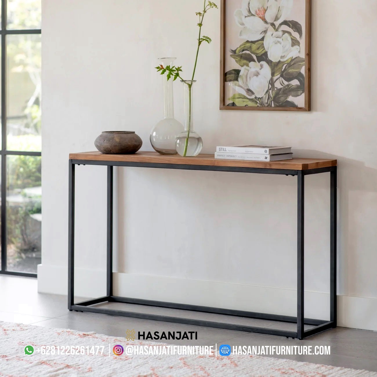 Meja konsul jati modern kombinasi kayu jati dan kaki besi hitam