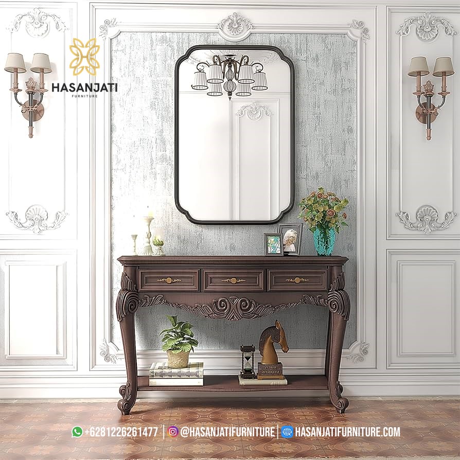 Meja konsul klasik ukir 3 laci kayu jati warna brown