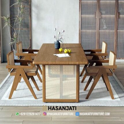 Set Meja Makan Jati Minimalis Rotan Pierre Jeanneret Formasi 4 Kursi Lengan