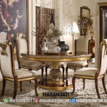 Set Meja Makan Klasik Mewah Bundar Kombinasi Gold Leaf Formasi 4 Kursi