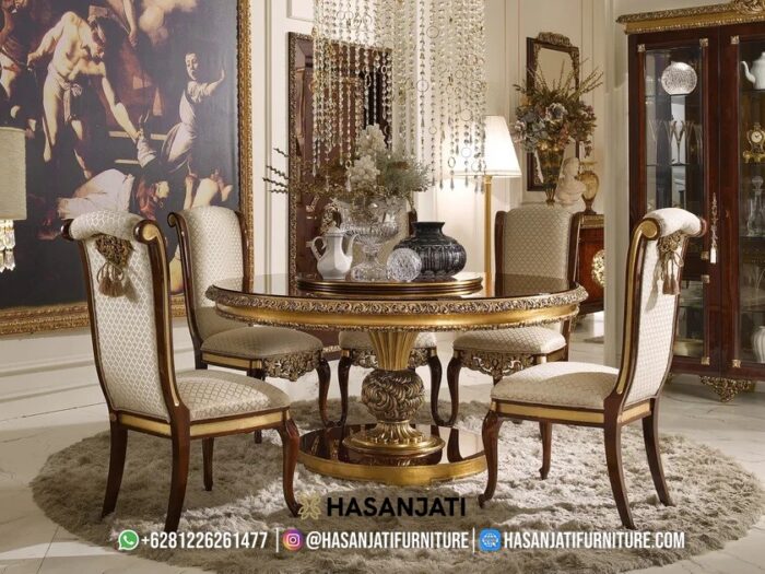 Set Meja Makan Klasik Mewah Bundar Kombinasi Gold Leaf Formasi 4 Kursi