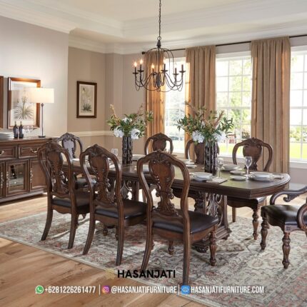 Set Meja Makan Jati Solid Klasik Mewah Bergen Style Formasi 8 Kursi
