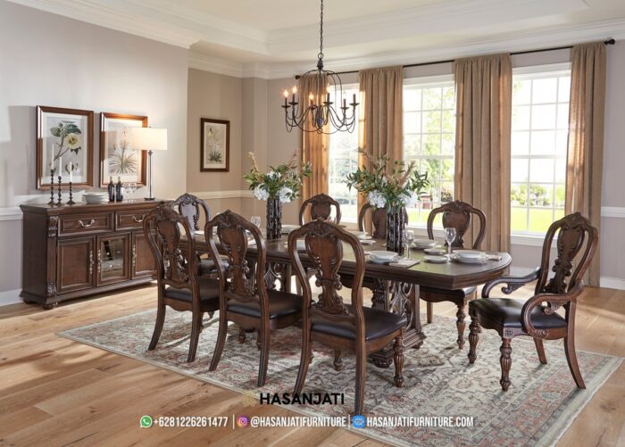 Set Meja Makan Jati Solid Klasik Mewah Bergen Style Formasi 8 Kursi