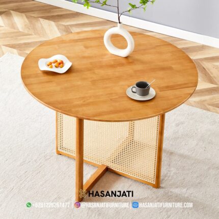 Meja Makan Jati Bulat Bundar Minimalis Eksklusif Tekstur Serat Kayu