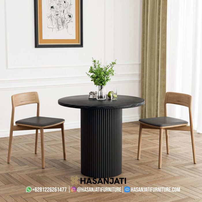 Kursi Makan Jati Minimalis Rangka Natural Jok Kulit Abu Gelap Dark Grey
