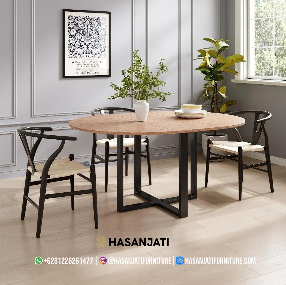 Meja makan minimalis industrial oval dari kayu solid dan kaki besi modern