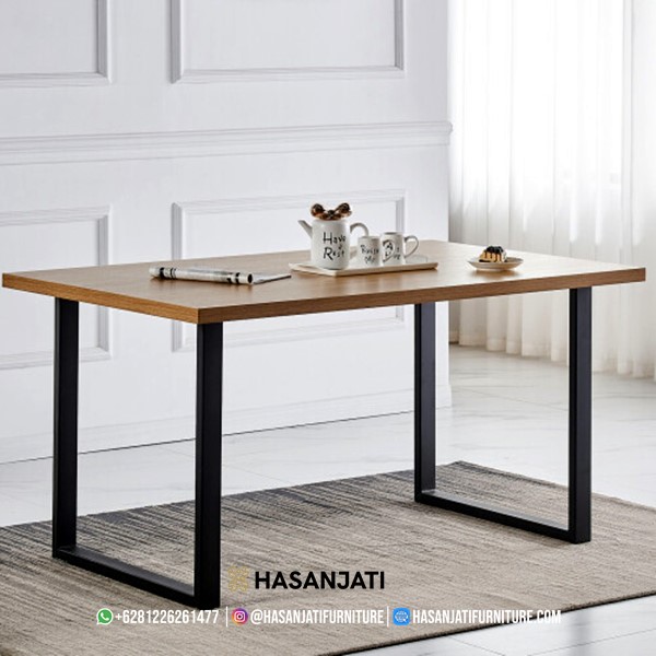 Meja makan minimalis industrial persegi panjang dengan kaki besi hitam