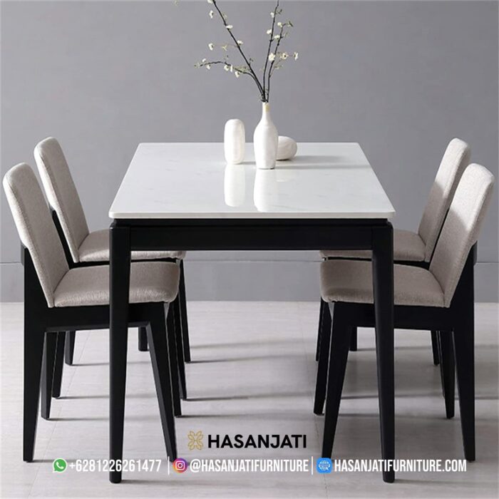 Set Meja Makan Minimalis Marmer Kaki Hitam Formasi Full 4 Kursi Simetris
