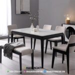 Set Meja Makan Minimalis Marmer Kaki Hitam Bench Formasi 4 Kursi