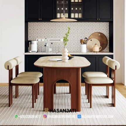 Set Meja Makan Jati Minimalis Marmer Krem 4 Kursi