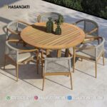 Set Meja Makan Taman Jati Minimalis Outdoor Bundar Formasi 6 Kursi Rope