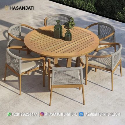 Set Meja Makan Taman Jati Minimalis Outdoor Bundar Formasi 6 Kursi Rope