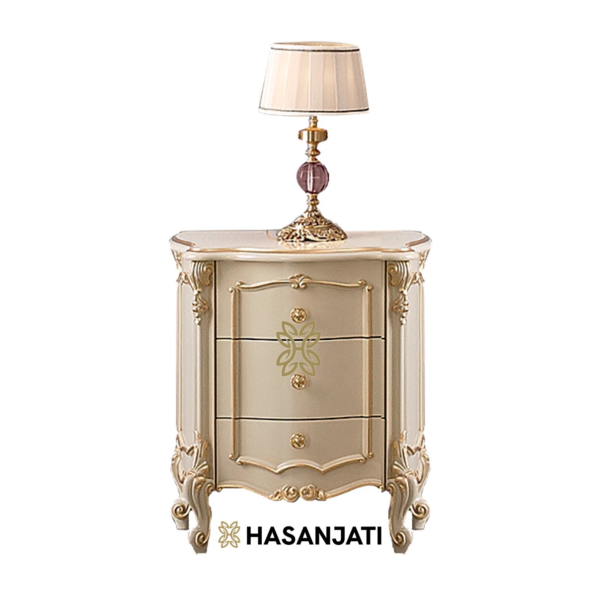 Meja nakas jati night stand warna cream dengan detail ukiran Jepara