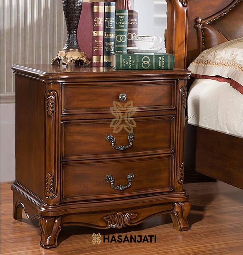 Meja nakas jati mewah nightstand 2 laci detail ukiran Jepara