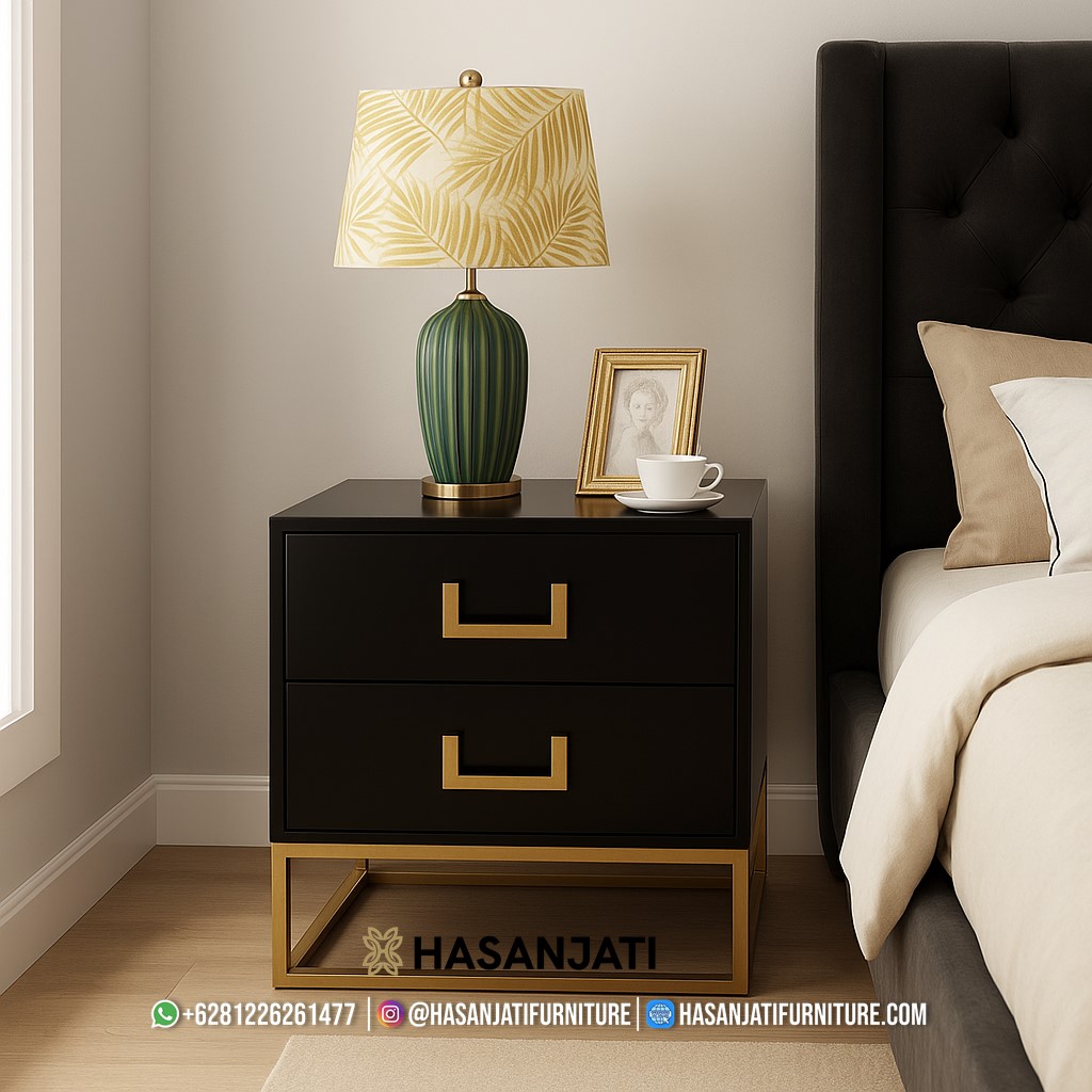 Meja nakas minimalis modern dua laci warna hitam doff dengan aksen gold di kamar tidur elegan